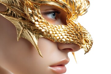 Woman is wearing a gold mask with a dragon design on it. The mask is gold and has intricate details, making it look like a real dragon. The woman's face is visible underneath the mask