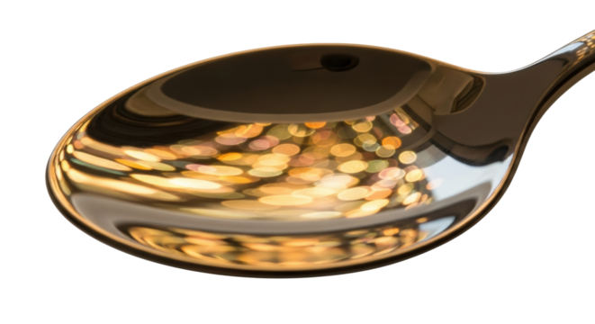 Close-up of reflective spoon with golden bokeh lights