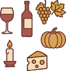Autumn Wine Icons — Bottle, Grapes, Candle, Pumpkin and Cheese