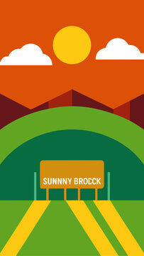 Illustration of sunny brock road with sun and clouds