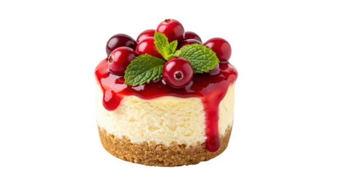 Delicious cranberry cheesecake with mint garnish on black background