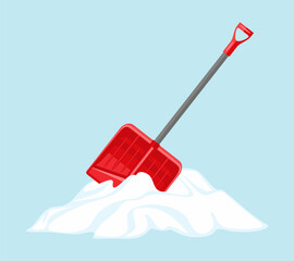 Snow cleaning shovel in snowdrift isolated on blue background. Vector cartoon flat illustration. Work tool icon © Iv85