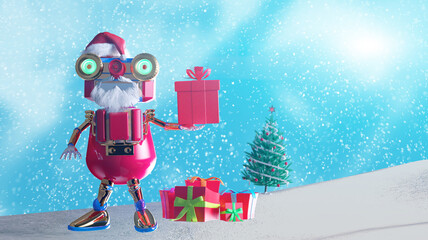 Funny Christmas Robot Santa with Gifts Winter Snow Scene render 3d