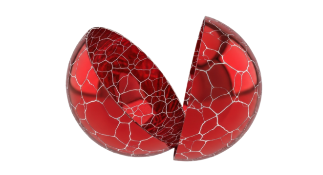 Abstract red sphere with cracked pattern on black background