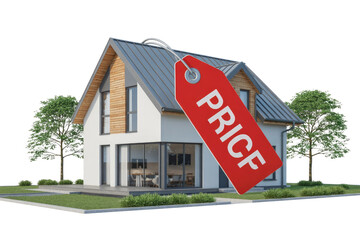 A modern house with a prominent red 'PRICE' tag on its roof, symbolizing real estate market values and sales. background removed