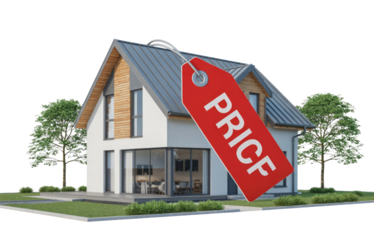 A modern house with a prominent red 'PRICE' tag on its roof, symbolizing real estate market values and sales. background removed