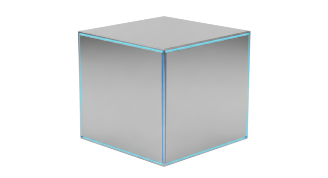 Silver reflective cube with blue edging on white background