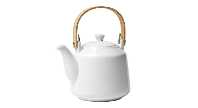 Elegant white ceramic teapot with bamboo handle on white background