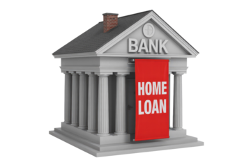 A 3D rendered classical bank building prominently featuring a red banner advertising "HOME LOAN," symbolizing mortgage services and financial assistance. background removed