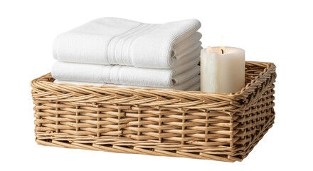 Obraz premium Cozy wicker basket with white towels and candle for relaxation