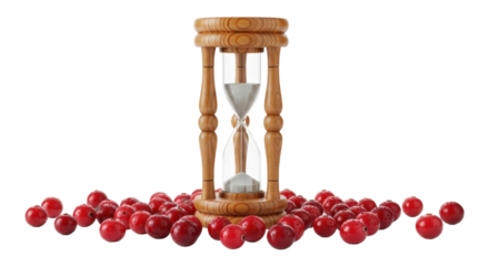 Wooden hourglass surrounded by red cranberries symbolizing time and nature