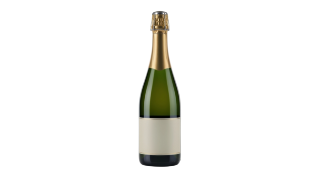 Elegant champagne bottle with blank label on black background