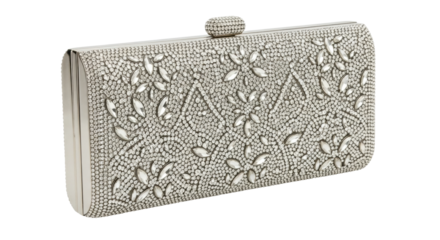 Elegant silver gemstone clutch with intricate floral design and leaf accents