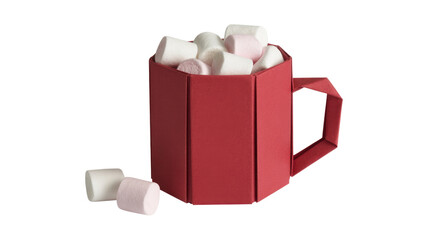 A vibrant red polygonal mug overflowing with fluffy white and pink marshmallows, with two extras resting nearby, on a solid transparent background. background removed