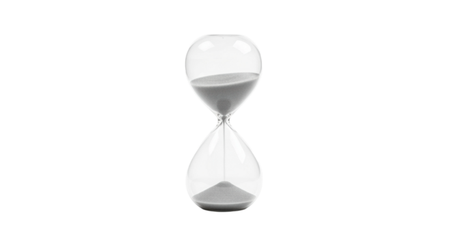 Transparent hourglass with flowing sand against black background