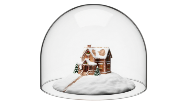 Gingerbread house snow globe with winter scene inside transparent dome