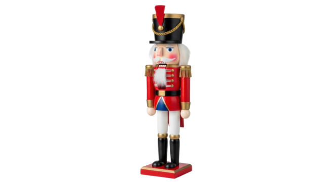 Traditional wooden nutcracker soldier figurine in red uniform with black boots