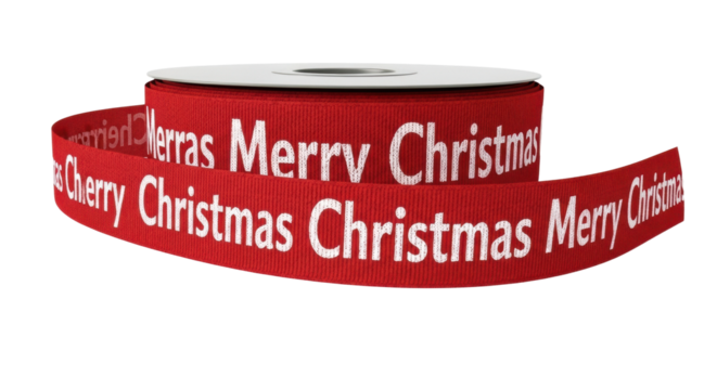 Red ribbon with merry christmas text for festive holiday decorations