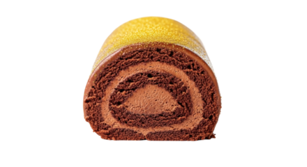 Chocolate swiss roll cake with yellow icing and cocoa filling close-up