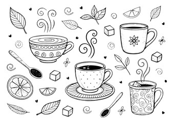 Tea & Coffee Doodle Clipart | Hand-Drawn Line Art Cups with Leaves & Sugar Cubes | Black & White Sketch Illustration for Stickers, Journals, Scrapbooks, and Digital Designs