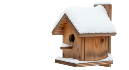 Snow-covered wooden birdhouse with chimney on clear background