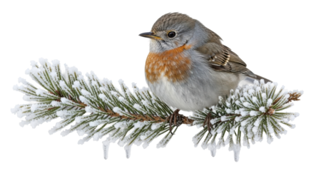 European robin perched on frosty pine branch in winter