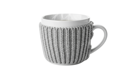 White ceramic mug with gray knitted cozy: perfect for hot beverages