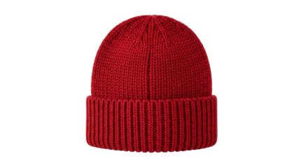 Vibrant red knitted beanie hat isolated on black background