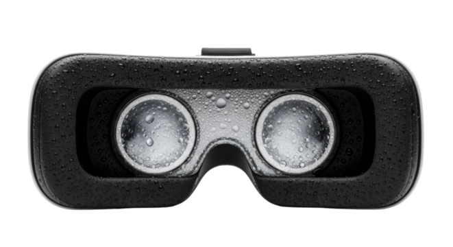 Close-up of wet virtual reality headset with water droplets on lenses