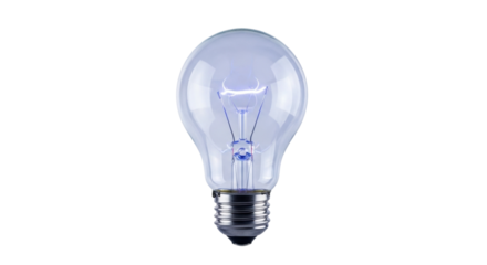Clear incandescent light bulb on black background with visible filament design