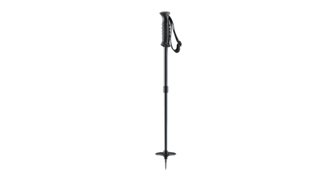 Black telescopic hiking pole with ergonomic grip and snow basket attachment