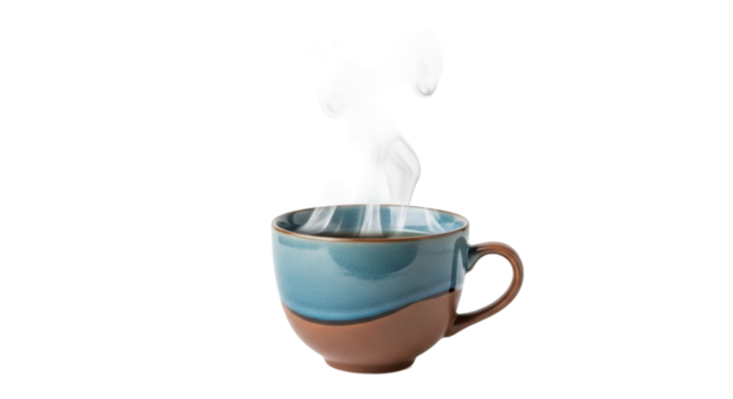 Steaming ceramic mug with blue and brown design on black background