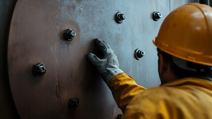 A worker checks bolts on industrial machinery with care and precision, ensuring seamless operation and safety. His expertise strengthens infrastructure and keeps processes running.