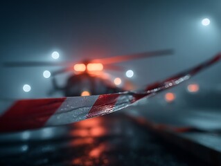 Night rescue helicopter behind wet caution tape in fog, cinematic scene of urgency and danger, ideal for crisis communication, safety, or emergency visuals