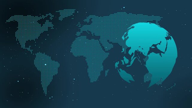 Displaying 3D globe showing Europe and Africa over grid, with dotted map, particles, copy space. Blue digital Earth globe slowly rotates showing global network connections