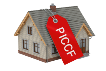 3D rendered image of a house with a prominent red tag displaying 'PICCF' attached to its roof, against a solid transparent background. background removed