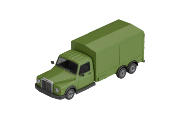 Isometric 3D render of a classic olive-green box truck with a retro grille and enclosed cargo area, on a solid transparent background. background removed