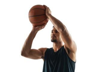 A focused male basketball player in a dark tank top preparing to shoot a basketball upwards, demonstrating concentration and athletic form. background removed