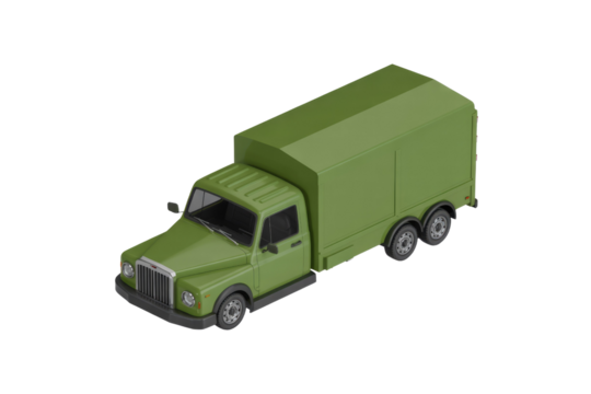 Isometric 3D render of a classic olive-green box truck with a retro grille and enclosed cargo area, on a solid transparent background. background removed
