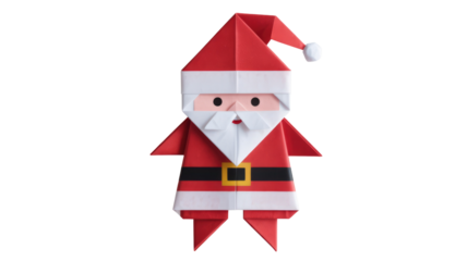 Charming origami Santa Claus, crafted from red and white paper, featuring a black belt and yellow buckle. Ideal for holiday designs. background removed