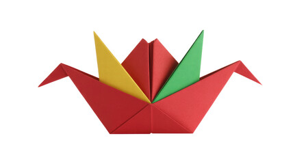 Naklejka premium A vibrant origami art piece, resembling a crane or a stylized flower, crafted from red, yellow, and green paper against a solid background. background removed