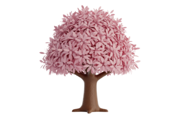 A vibrant, stylized cherry blossom tree with a brown trunk and dense pink foliage, standing isolated against a solid dark transparent background. background removed