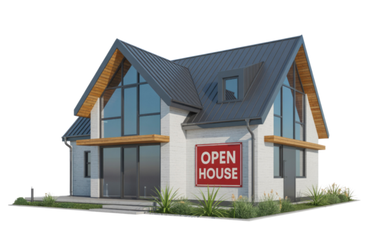 A modern white brick house with a dark metal roof and large glass windows, featuring a prominent 'OPEN HOUSE' sign. background removed