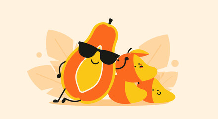 Funky Papaya Trio Enjoying Vacation Time On A Sunny, Relaxing, Pleasant Day Outing