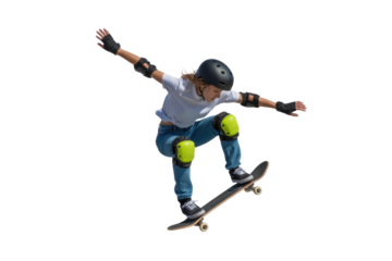 Young female skateboarder performing a dynamic trick, wearing a helmet, neon yellow knee pads, and protective gear, balancing mid-air. background removed