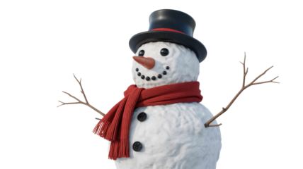 A festive 3D rendered snowman with a black top hat, red scarf, carrot nose, and twig arms, set on a transparent background. background removed