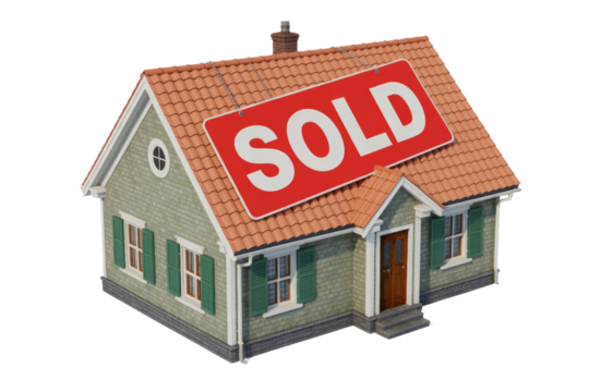 A charming miniature house with a red "SOLD" sign prominently displayed on its orange-tiled roof, symbolizing a completed real estate transaction. background removed - Powered by Adobe