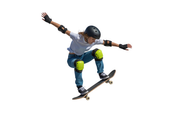 Young female skateboarder performing a dynamic trick, wearing a helmet, neon yellow knee pads, and protective gear, balancing mid-air. background removed - Powered by Adobe