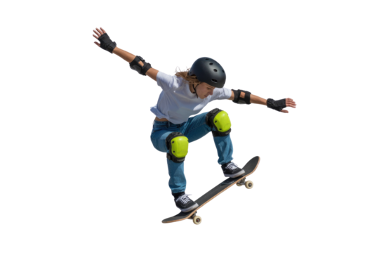 Young female skateboarder performing a dynamic trick, wearing a helmet, neon yellow knee pads, and protective gear, balancing mid-air. background removed