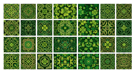 Collection of green shamrock and celtic knot patterns on